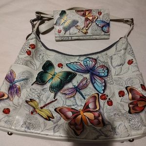 Brand New Anuschka leather hand painted purse and matching wallet